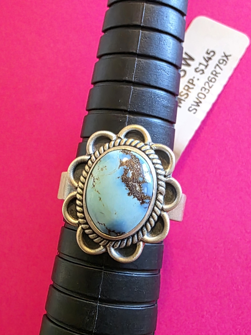 Golden Hills Oval Stone Floral Silver Ring - Adjustable